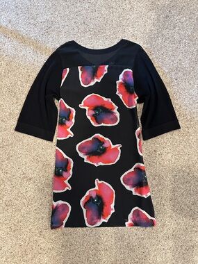 Black Floral Shift Dress with Red-Pink Watercolor Blooms